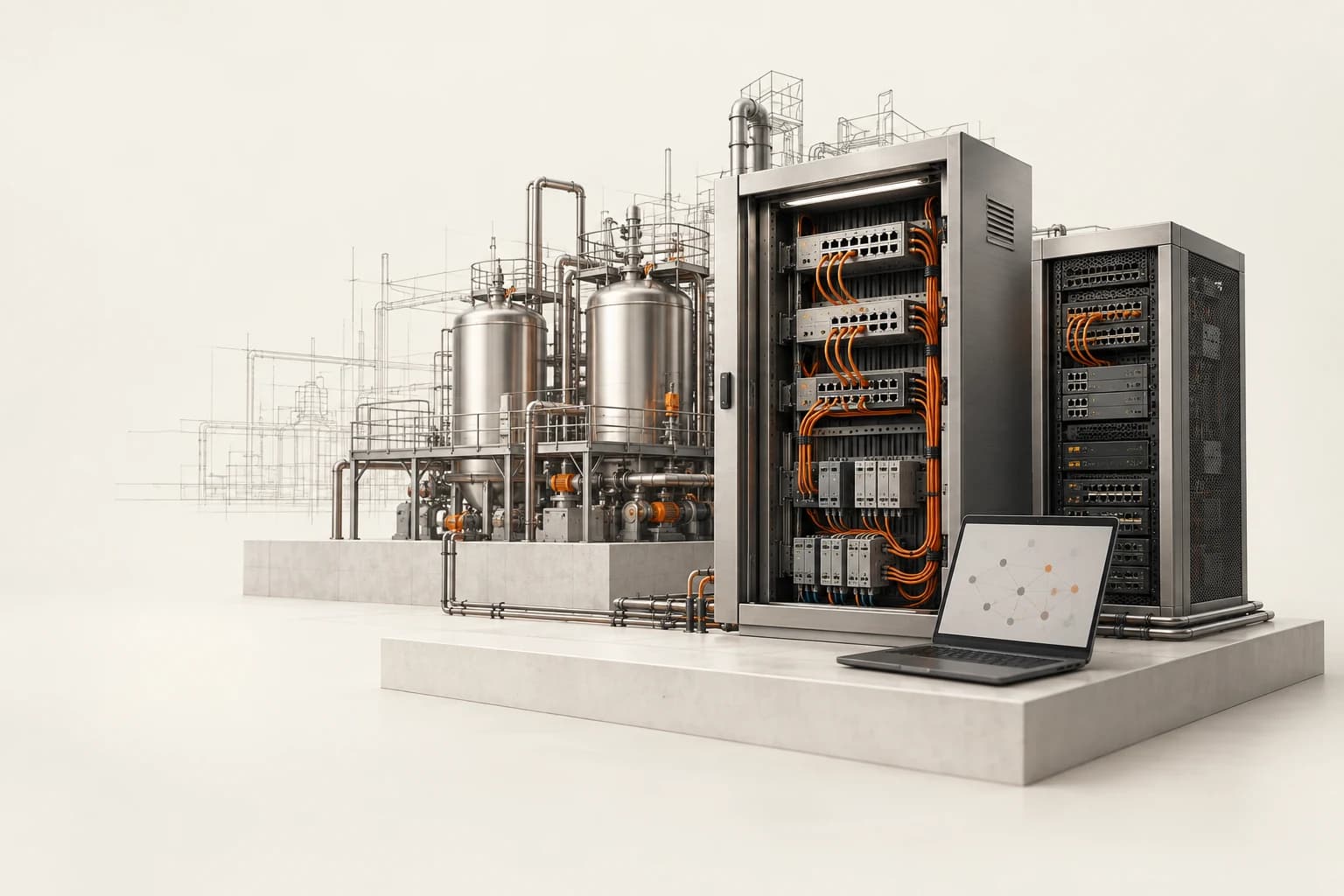 Промышленная установка, шкафы и ноутбук инженера — концептуальная иллюстрация
