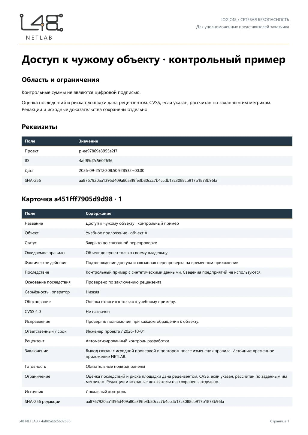 Пример PDF-отчёта NETLAB: реквизиты и карточка находки