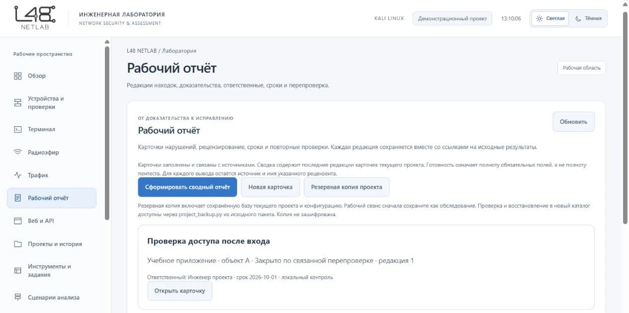 Рабочее пространство L48 NETLAB: рабочий отчёт с карточками находок