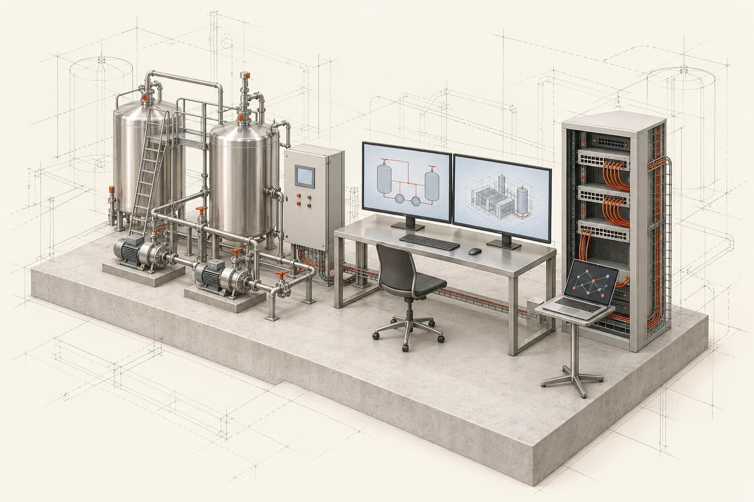 Миниатюрная мастерская инженера: пульт SCADA, насосы и резервуары, стойка коммутаторов и ноутбук — иллюстрация